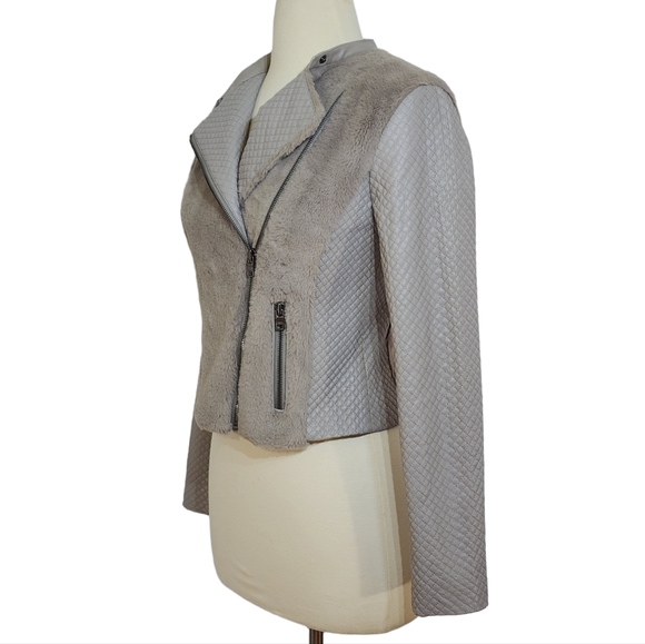 Armani Exchange Faux Fur & Leather Moto Jacket in Taupe Gray Womens Size XS - Picture 3 of 12
